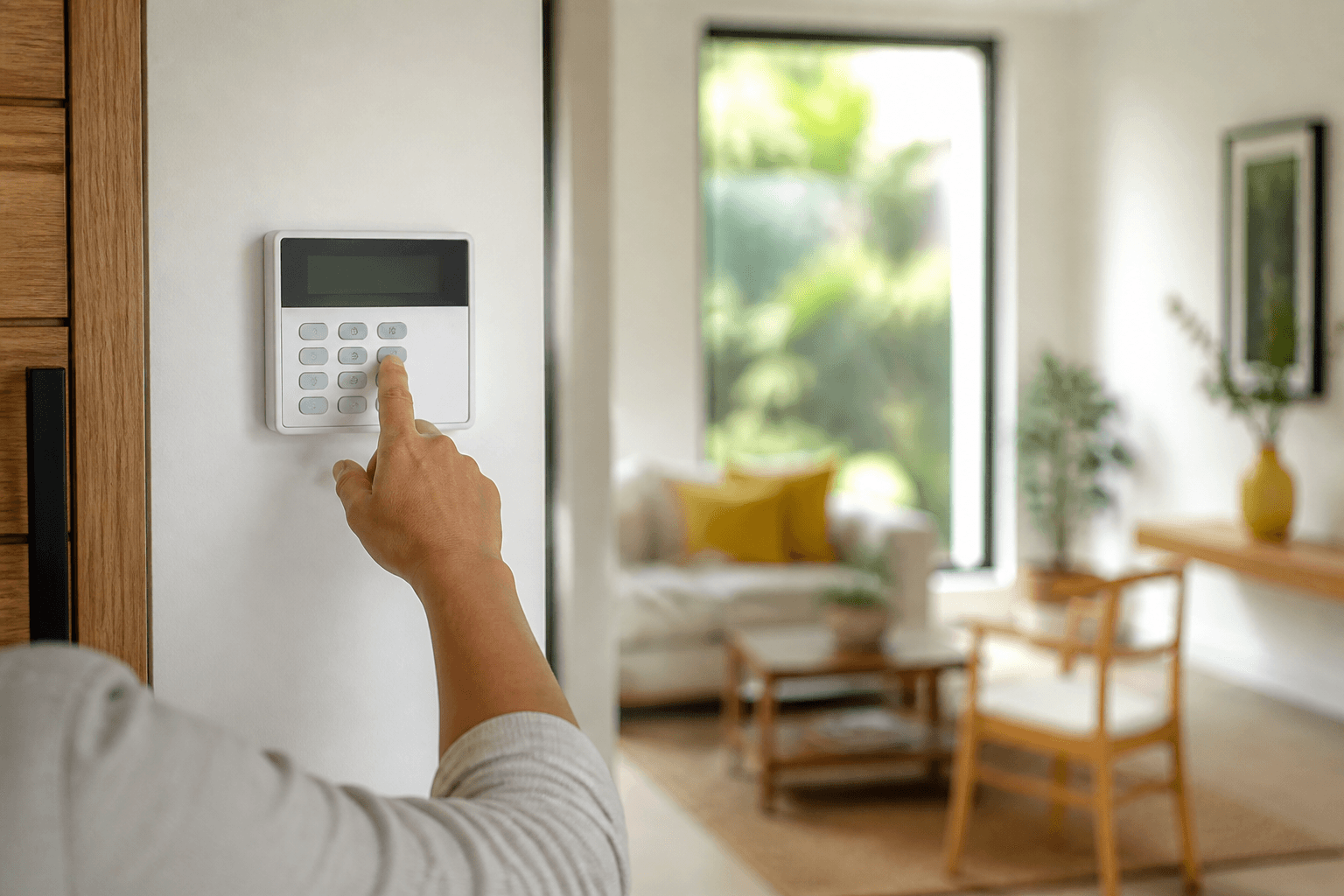 Homeowner using an alarm keypad inside a Cape Town residence