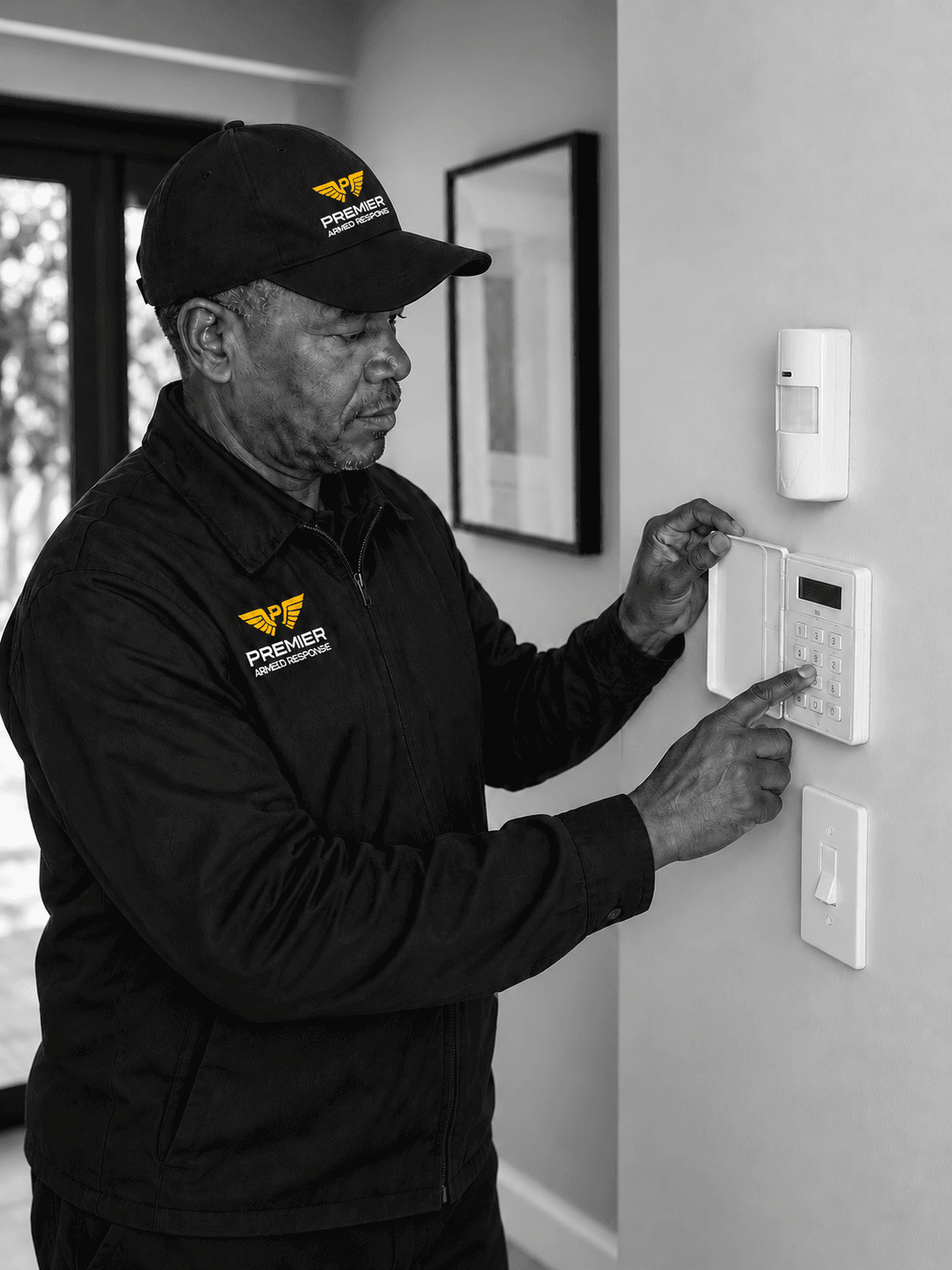 Premier Security technician working on a home alarm system