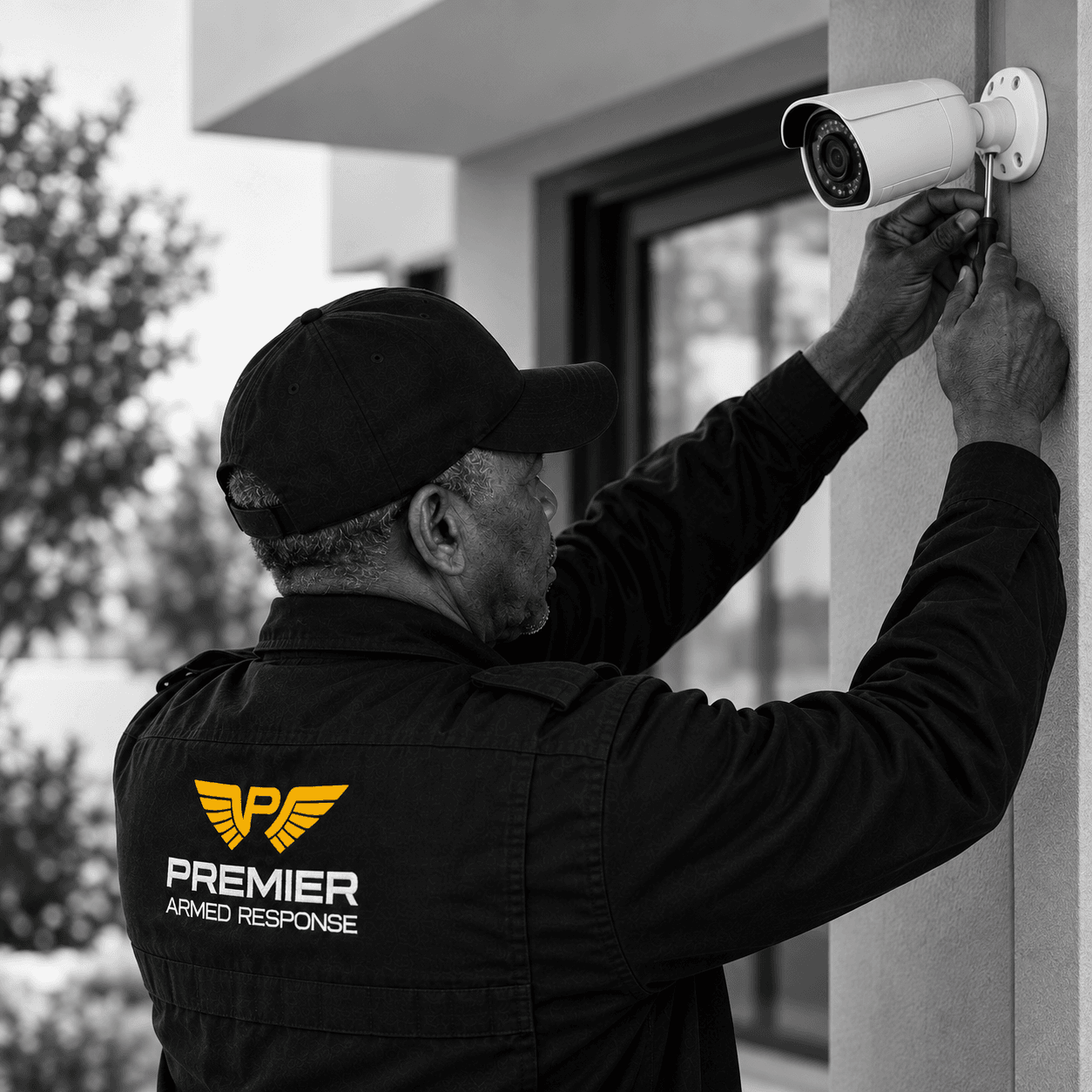 Premier Security technician installing a CCTV security camera
