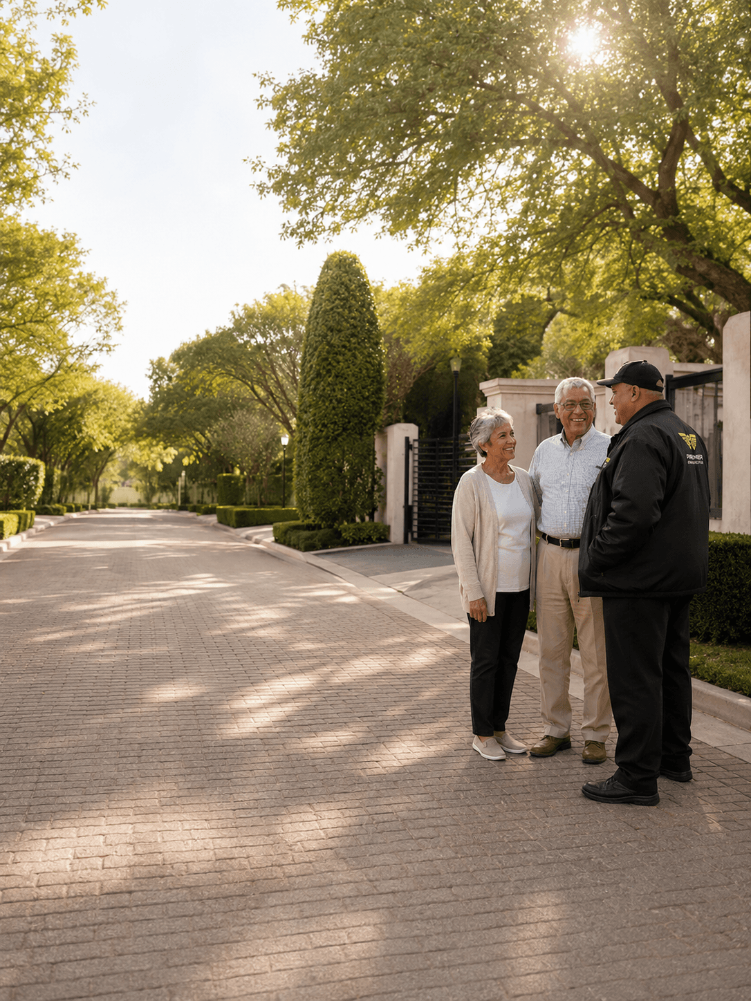 A security officer speaking with residents outside their home
